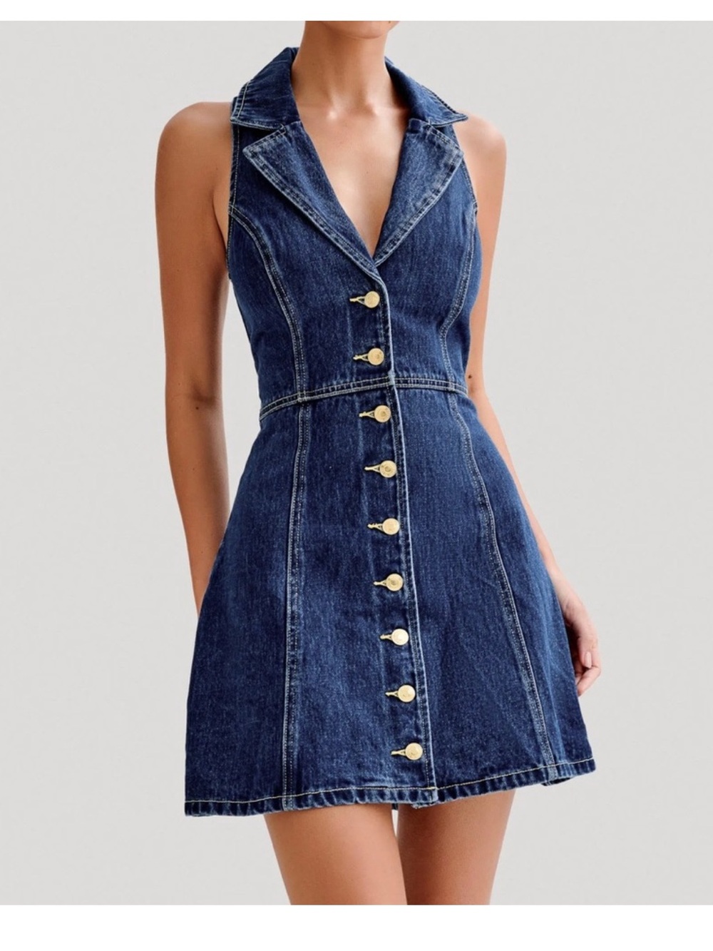 Meshki Dark Blue Denim Collared Button-Front Mini Dress